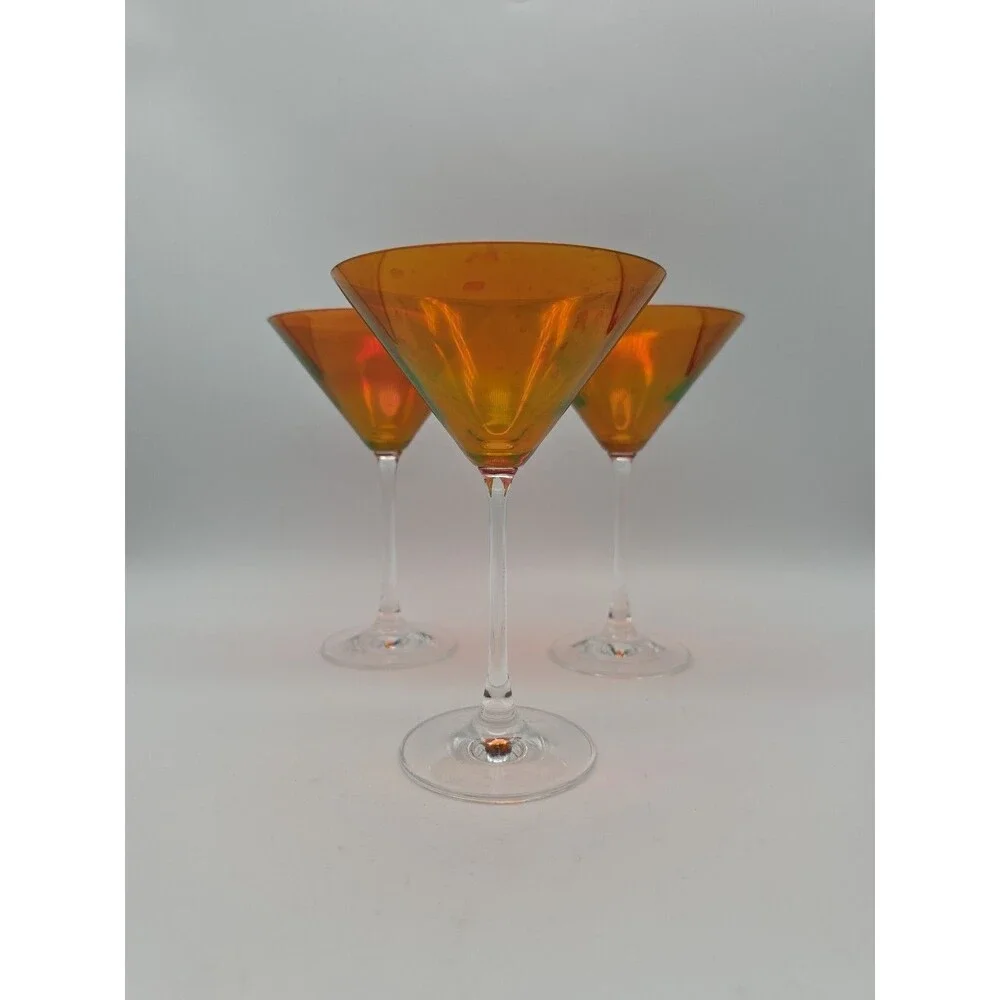Vtg Pier 1 Slovakia Martini Glasses Stemware 3 Luster Cranberry Amber